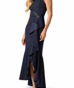 V-Neck Cascade Ruffle High-Low Gown