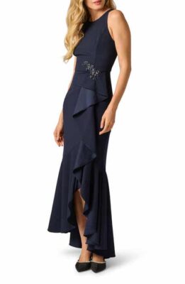 V-Neck Cascade Ruffle High-Low Gown