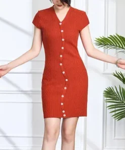 Europe and The United States Leisure Spring and Summer New Women's Fresh V-Neck Solid Color Lotus Sleeve Dress Women