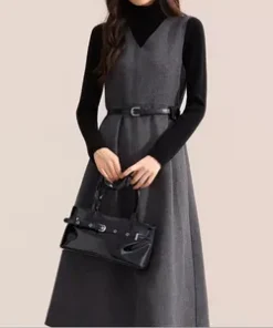 Gray Stripe Sweetheart Neckline Slim High Split Qipao Button Dress