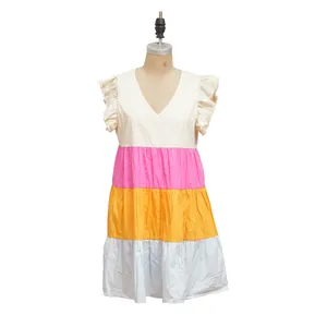 Summer Dresses Ruffled Sleeves Contrasting Panels Swung Loose Womens Casual Dress